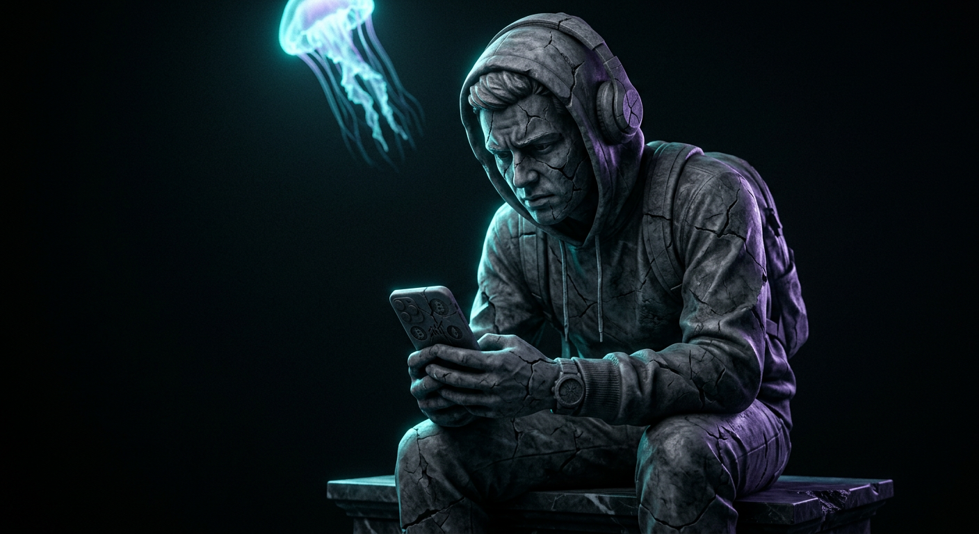 A cracked marble statue of a trader holding a phone, frozen in stone